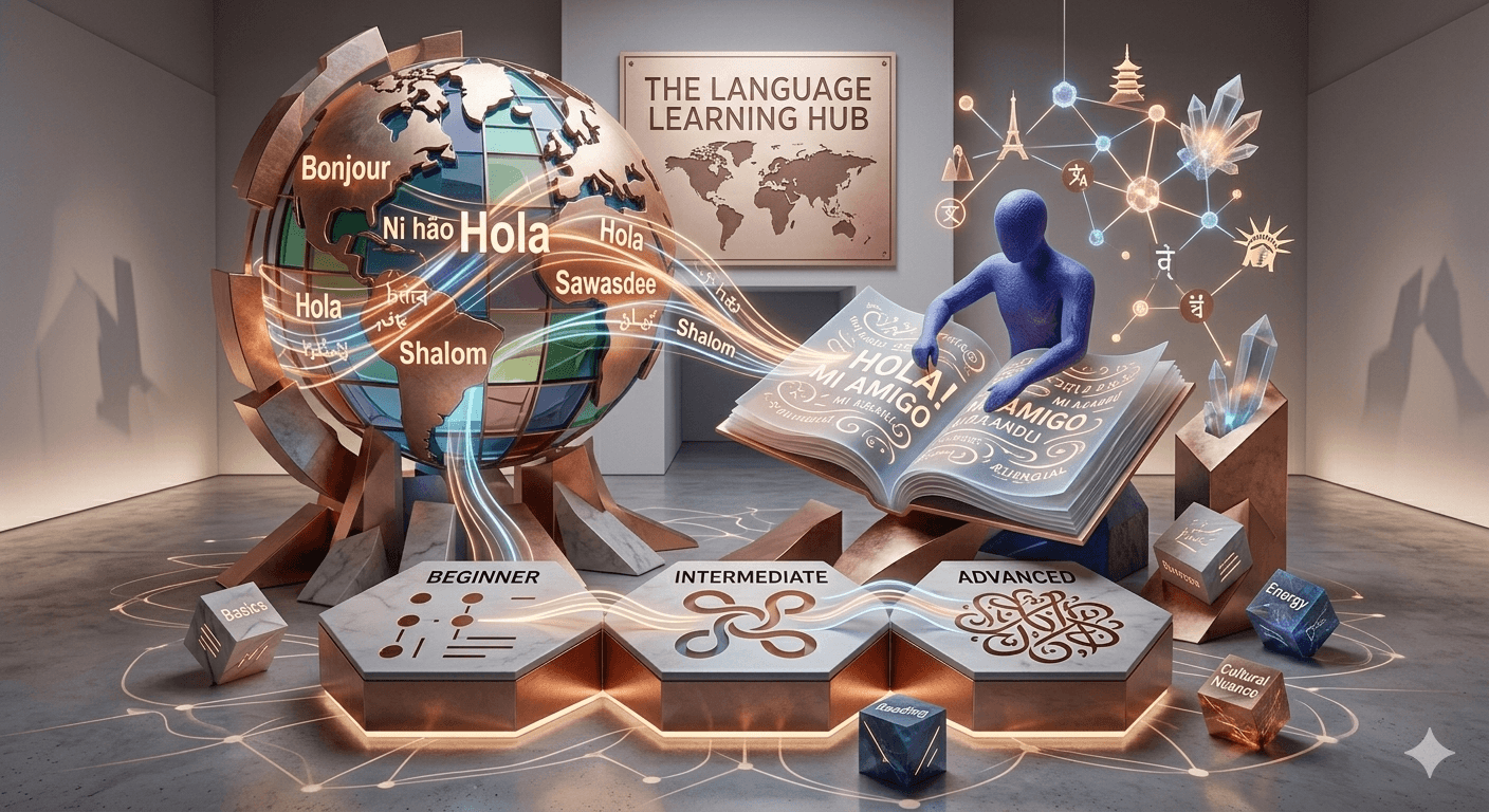 The Language Learning Hub — an illustrated globe of greetings, an open phrasebook, and beginner-to-advanced study stones